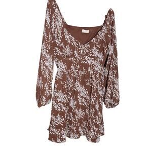 Altard State Brown Floral long Bell‎ sleeve Babydoll Mini Dress L